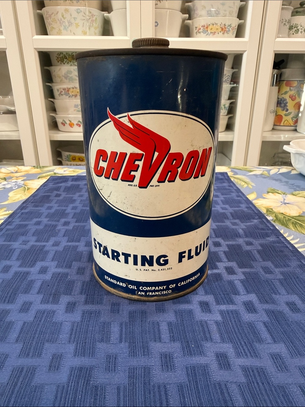 Chevron Blue & White Vintage-Style Starting Fluid Canister